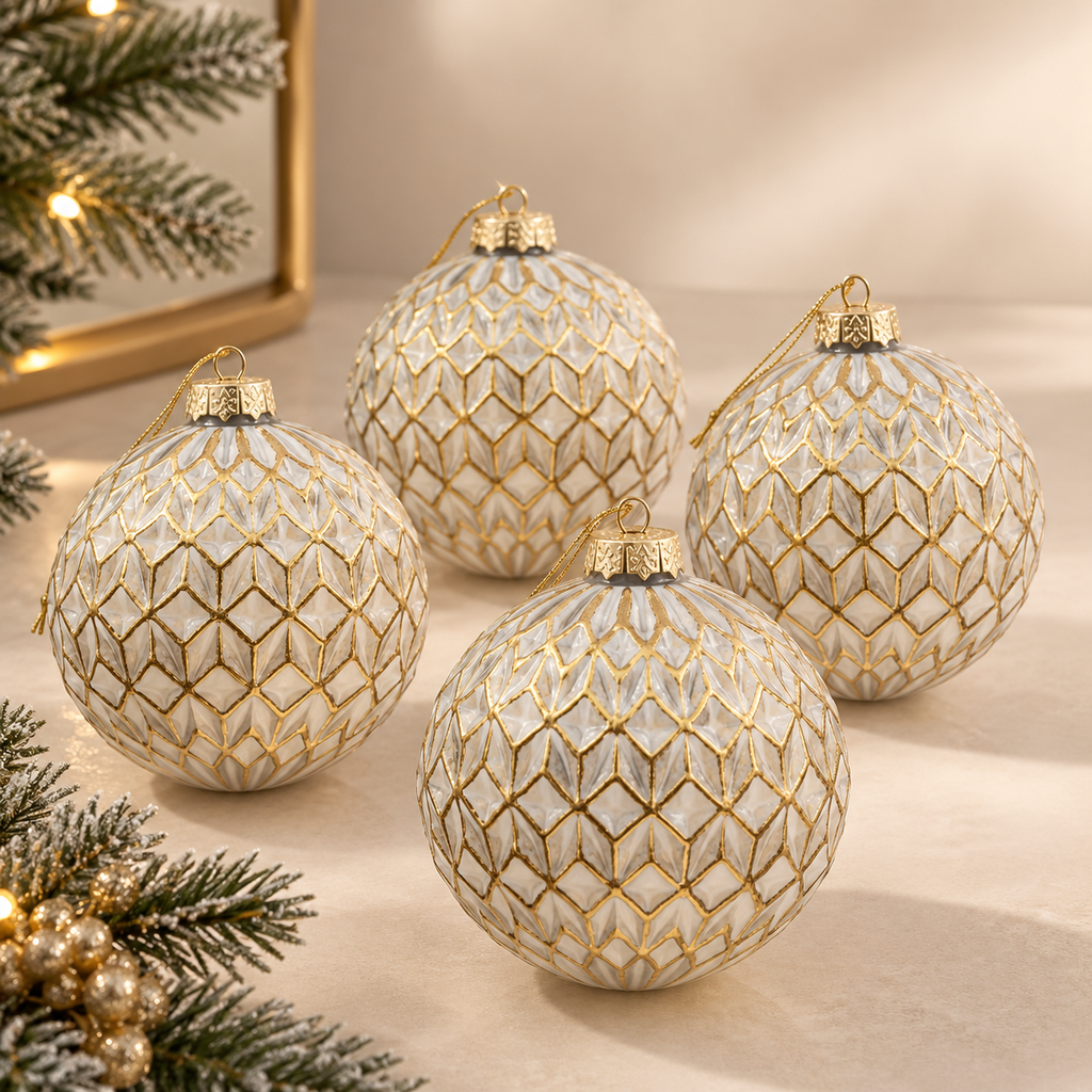 Set 4 Sfere di Natale in Vetro Bianco Perla e Oro con Decoro Geometrico a Rombi – Ø 10 cm