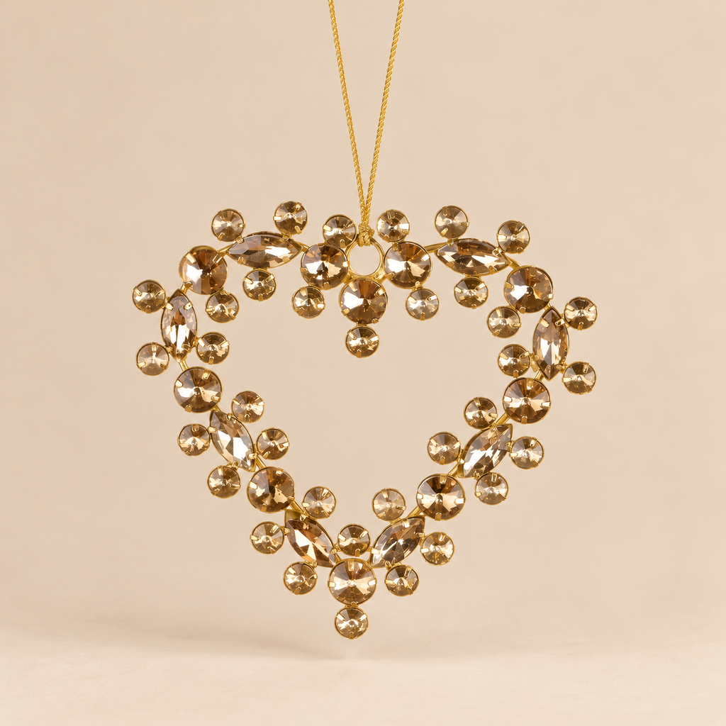 Cuore di Natale Decorativo Fiocchi di Ghiaccio in Metallo Dorato e Cristalli in Vetro Champagne – 12x12 cm