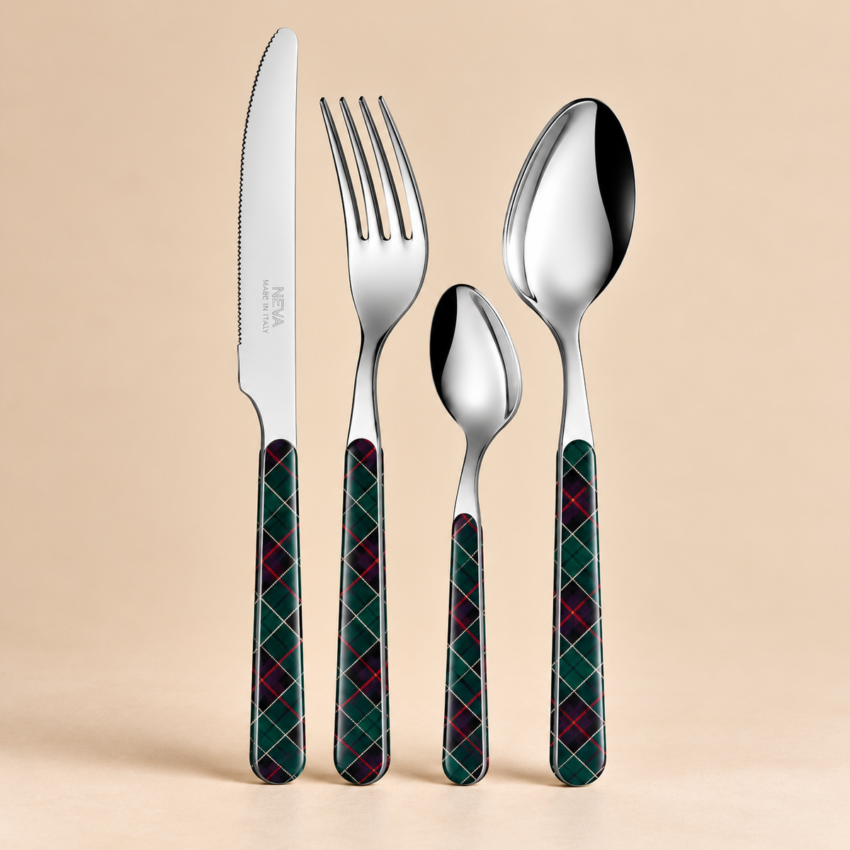 Servizio Posate 24 Pezzi Bistrot Tartan Verde Scozzese – Acciaio Inox con Manici Decorati