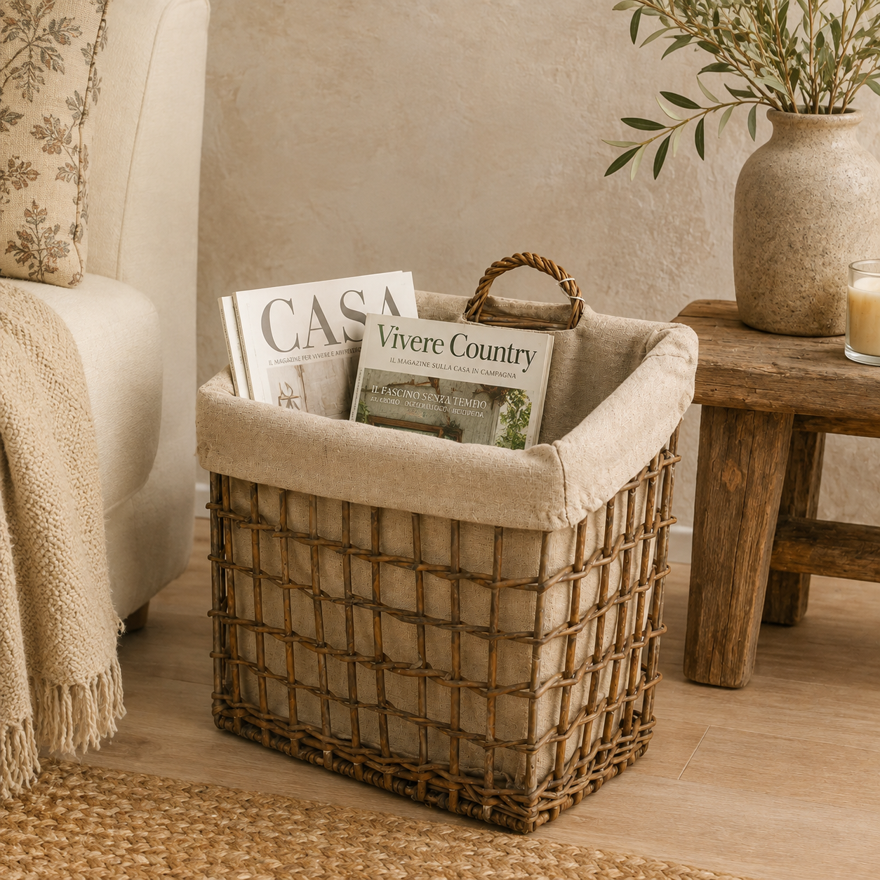 Cesto in Rattan con Manico e Fodera – 33 x 20 x H 41 cm