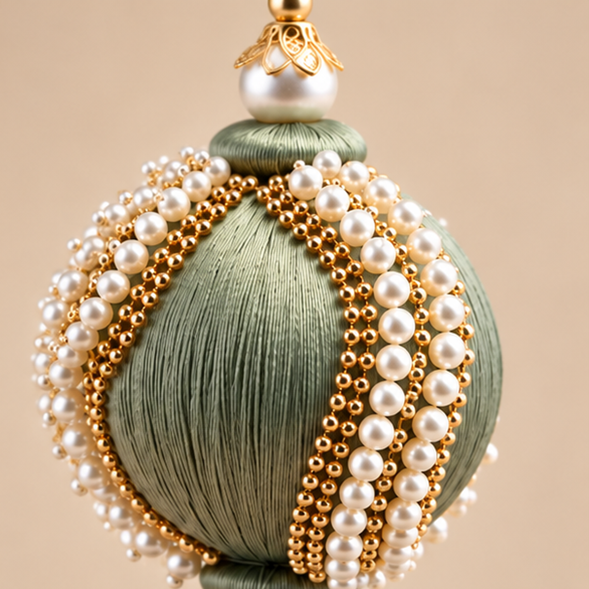 Sfera Natalizia EDG Verde Salvia con Perle Bianche, Strass Dorati e Nappa Ø8xH28 cm