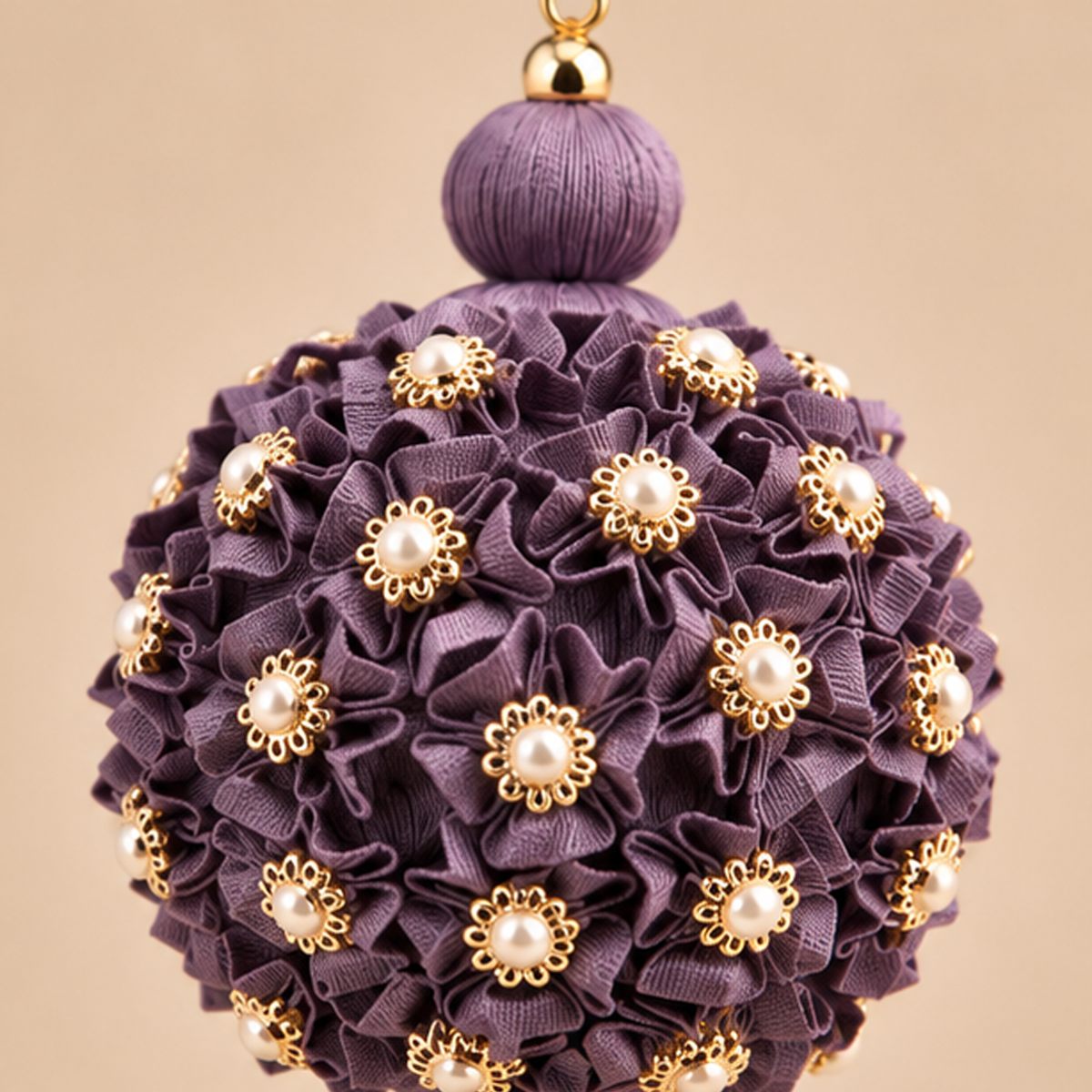 Sfera Natalizia EDG Viola Malva con Fiori in Tessuto, Rosette Dorate e Nappa Ø8xH28 cm