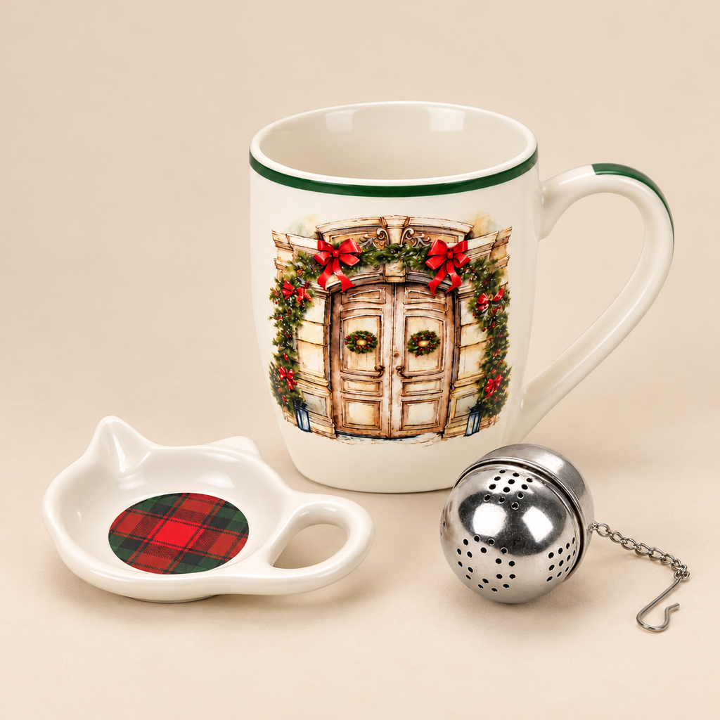Tazza Natalizia in Ceramica con Infusore e Piattino – Decoro Portone Natalizio con Ghirlande e Fiocchi Rossi – 350 ml –