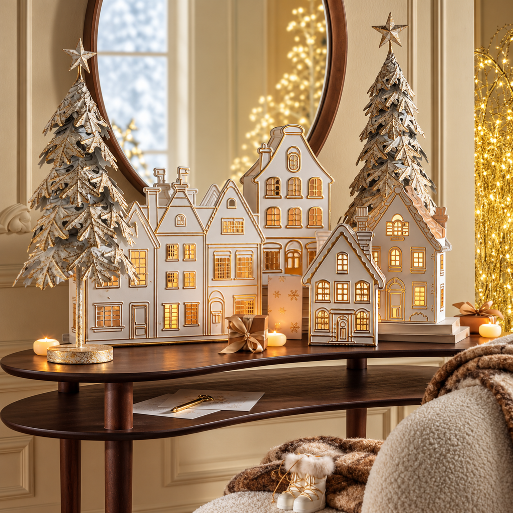 Portacandela Natalizio Casetta Alta Bianca e Oro in Metallo con Finestre ad Arco – Collezione Villaggio di Luci 20x10,5x38 cm