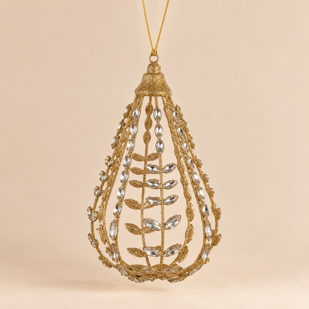 Goccia di Natale da Appendere Tracce di Luce in Metallo Dorato Glitterato con Cristalli Trasparenti – 12x22 cm