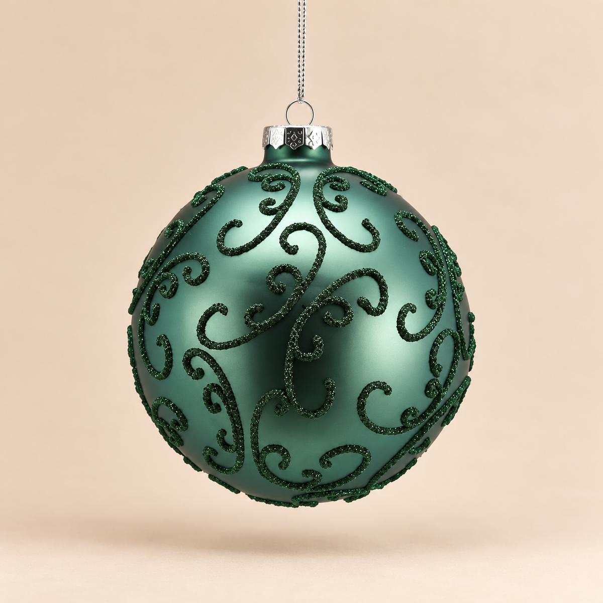 Sfera Natalizia EDG in Vetro Verde Salvia Satinato con Ricami Glitter Verde Scuro Ø10 cm