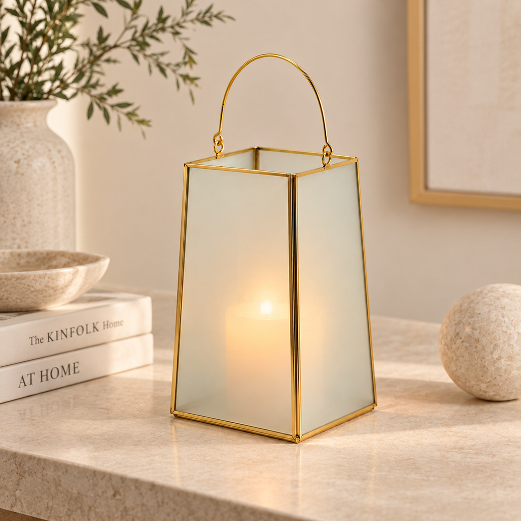 Lanterna Trapezoidale Oro con Vetro Satinato H 20 cm