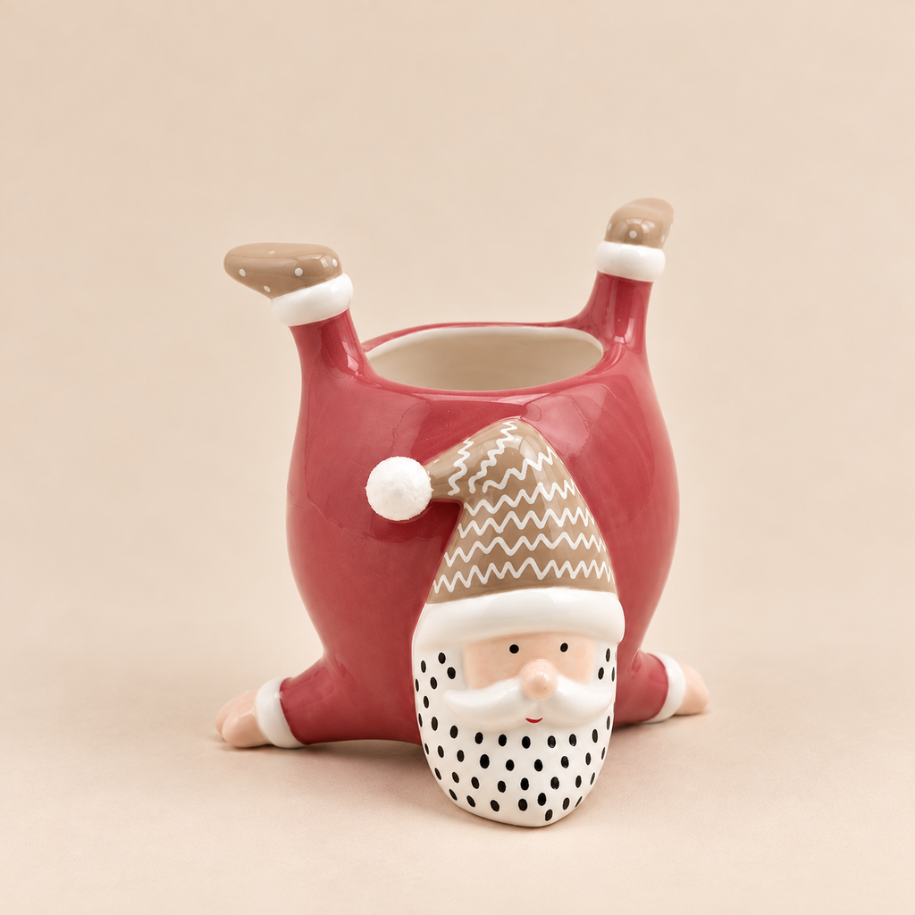 Portavaso Natalizio in Ceramica con Babbo Natale a Testa in Giù Rosso e Beige H15 cm