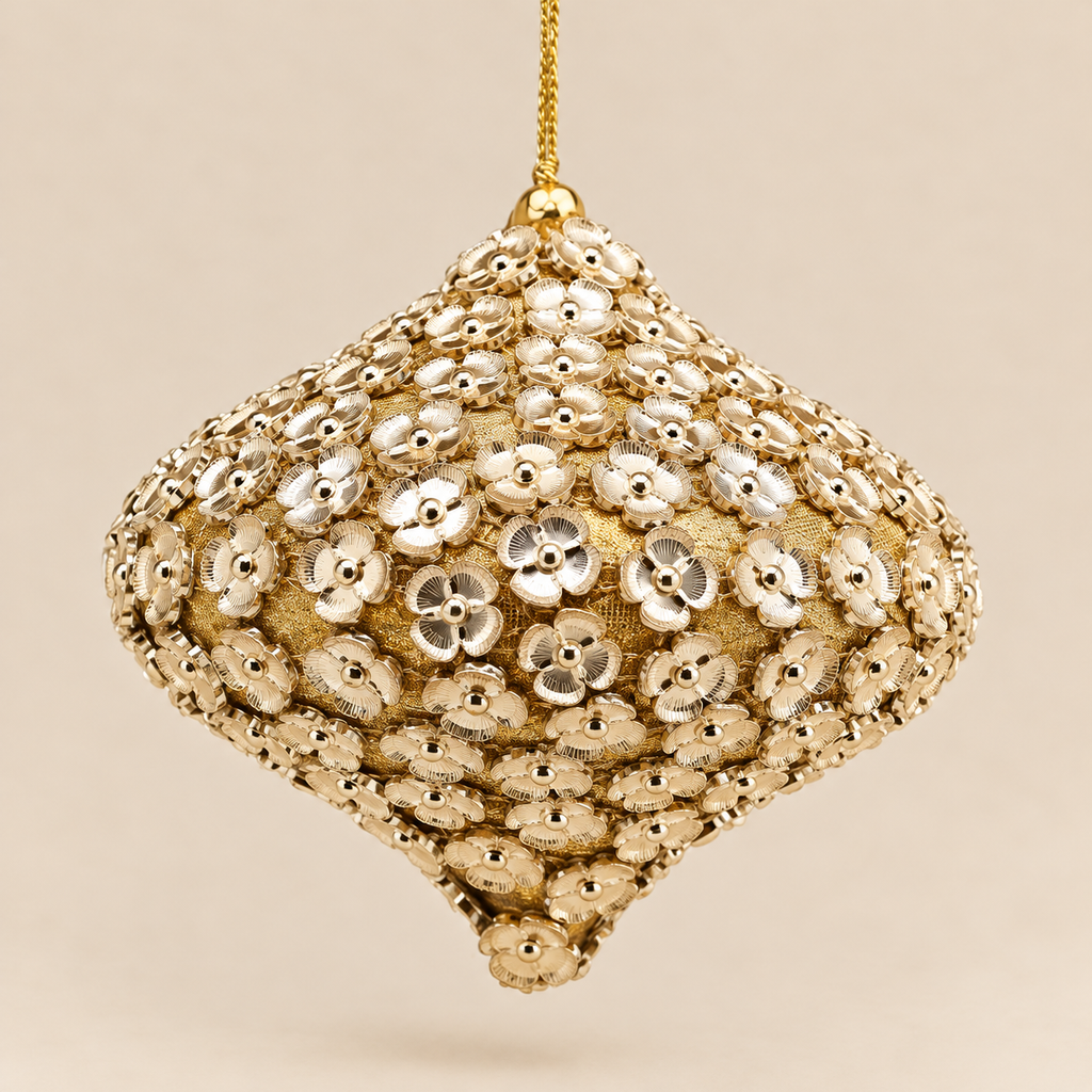 Trottola Natalizia Decorativa Oro con Fiori in Ottone in Rilievo Ø12 cm