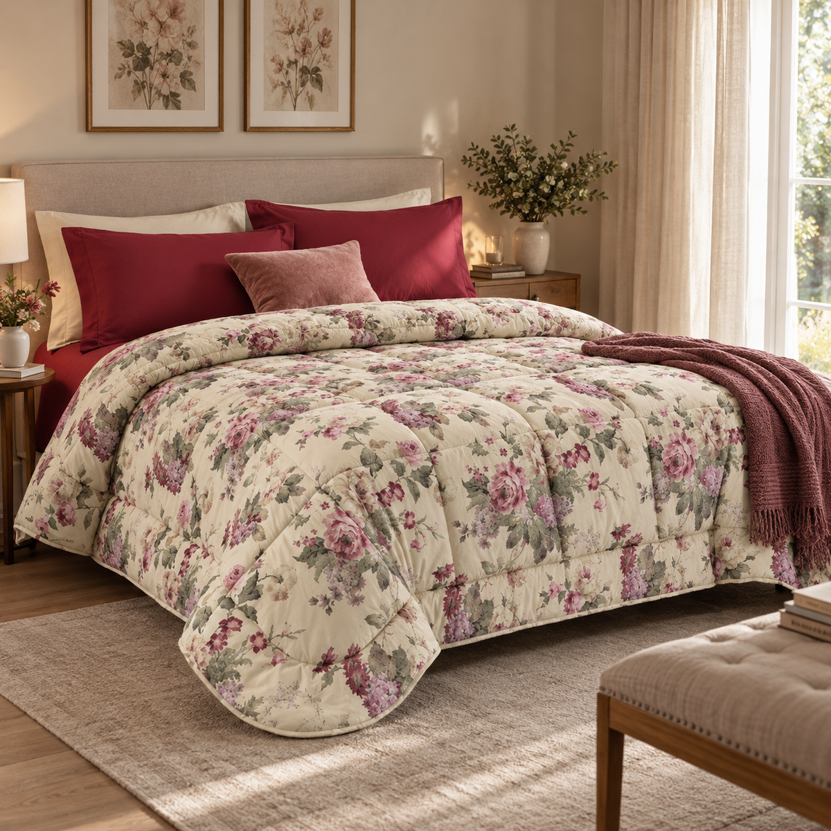 Trapunta Matrimoniale Invernale Ferruccia in Microfibra con Fantasia Floreale Rose Rosa e Bordeaux 265 x 265 cm