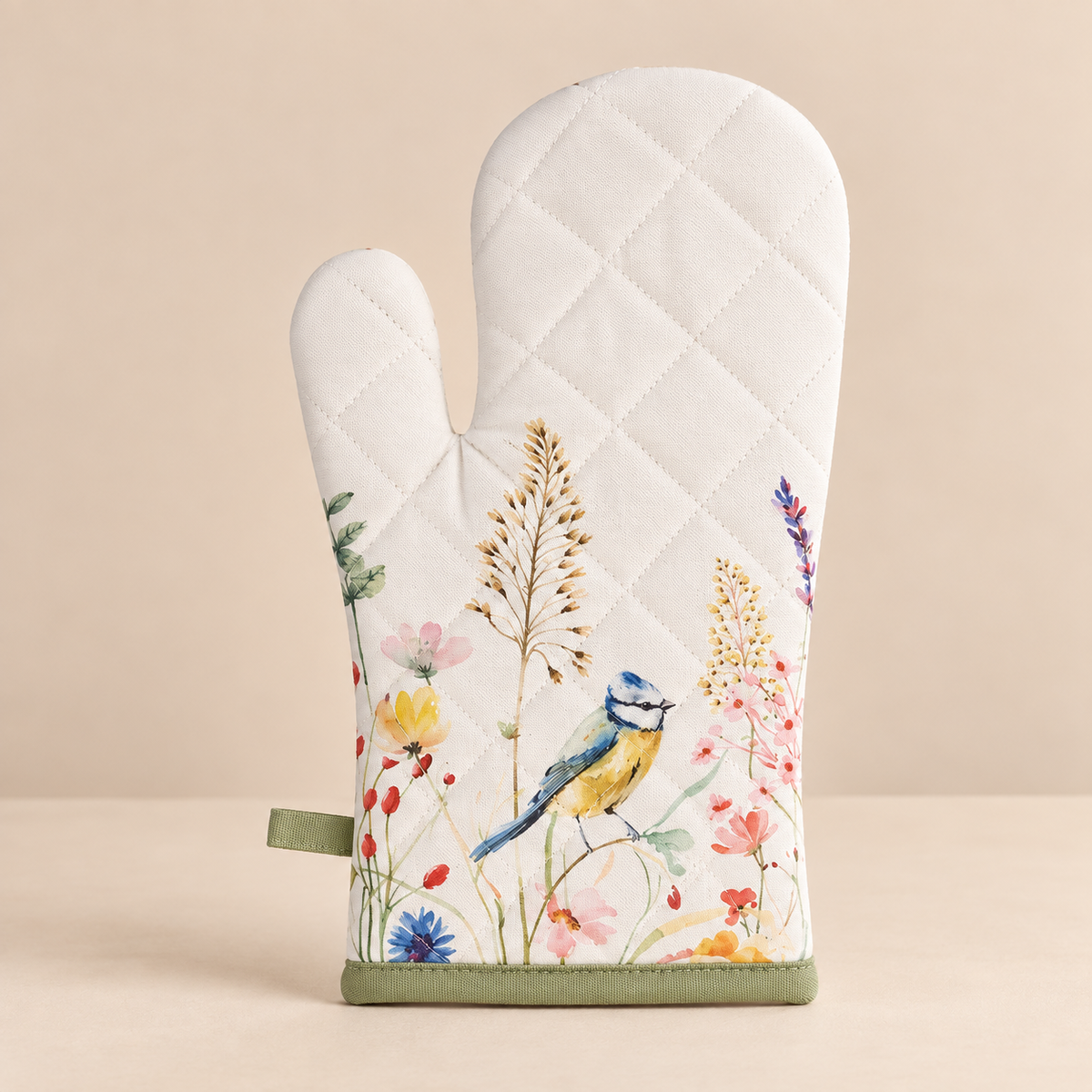 Guanto da Forno in Cotone con Uccellino e Fiori 18 x 30 cm