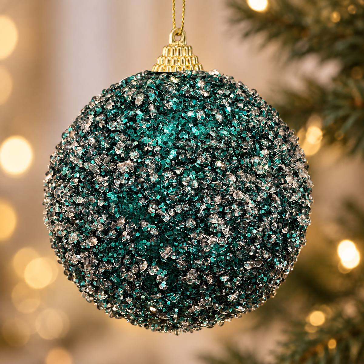 Palla di Natale Verde Petrolio con Cristalli e Glitter Ø 10 cm