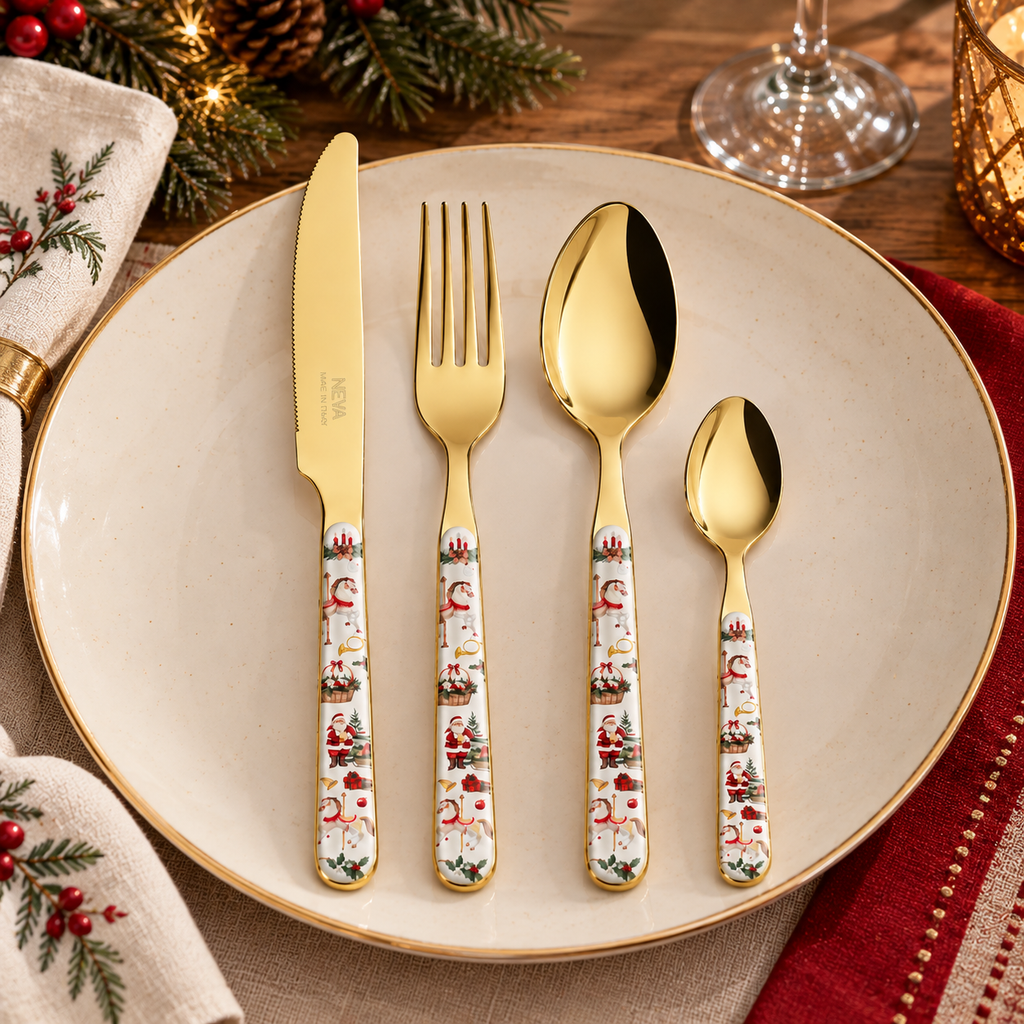 Servizio Posate 24 Pezzi Bistrot Oro con Fantasia Natalizia Carosello e Babbo Natale – Acciaio Inox Dorato
