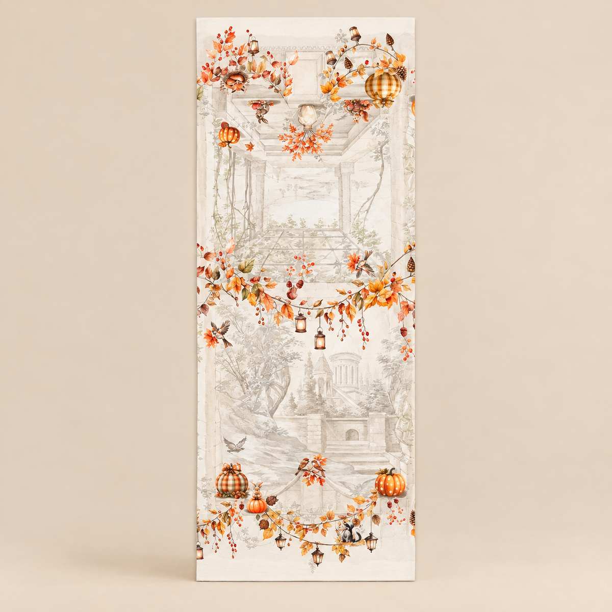 Runner da Tavola PERSEFONE in Panama di Puro Cotone 100% con Zucche e Fantasia Autunnale – 50 x 150 cm