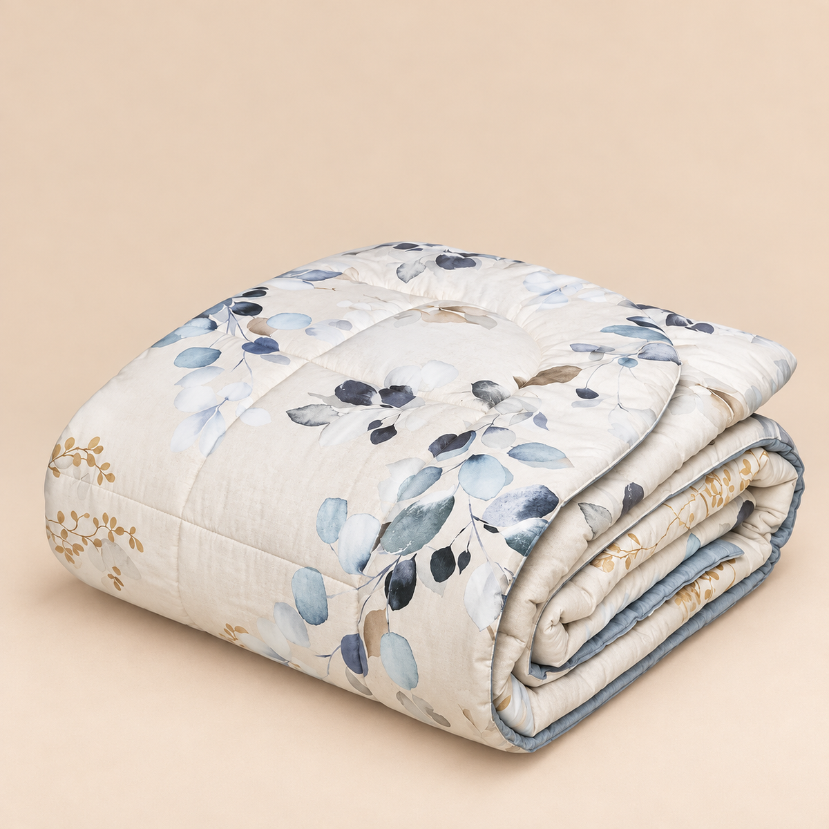 Trapunta Matrimoniale Double-Face Hanami polver in Percalle di Cotone Riciclato con Fantasia Botanica Azzurra 260 x 270 cm – Tessitura Randi
