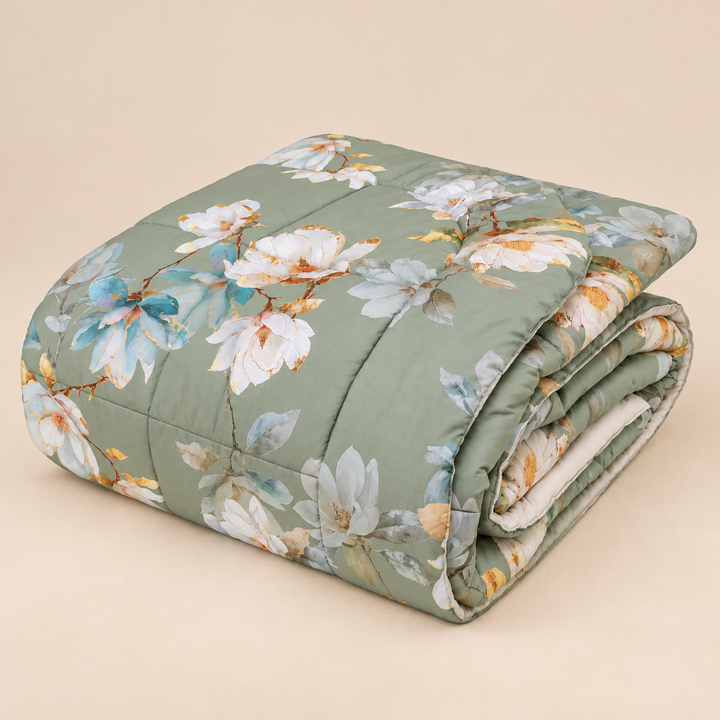 Trapunta Matrimoniale Mikado Tessitura Randi in Velluto Floreale Verde Salvia – 260 x 270 cm