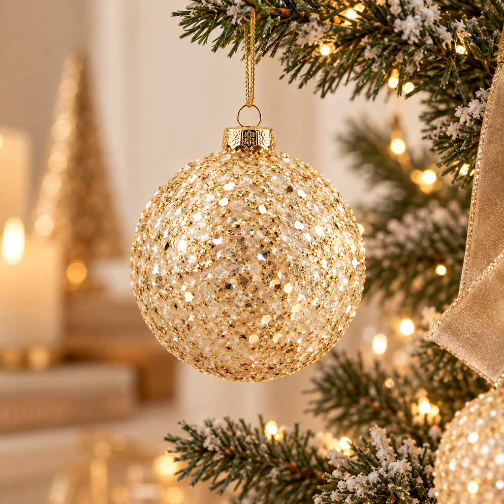 Sfera di Natale in Vetro con Scaglie Glitter Oro e Finitura Brillante – Ø 10 cm