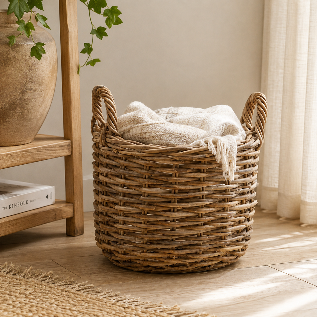 Cesto Rotondo Intrecciato con Manici – Ø 30 x H 23/34 cm