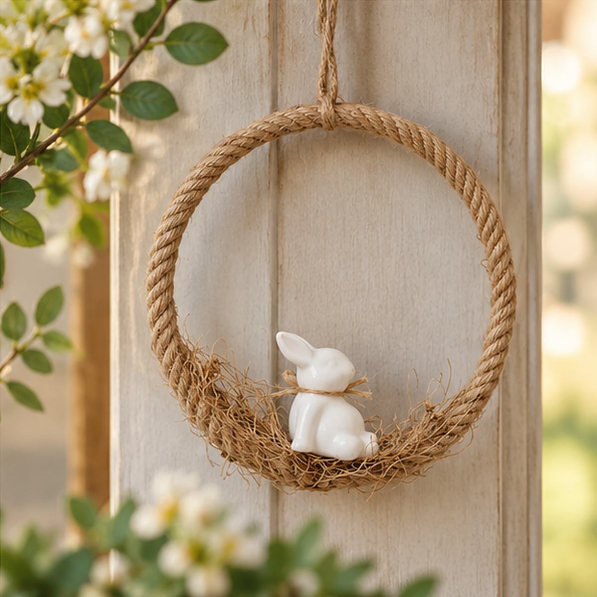 Decorazione Pasquale Sospesa con Coniglietto seduto in Ceramica Ø 21 cm