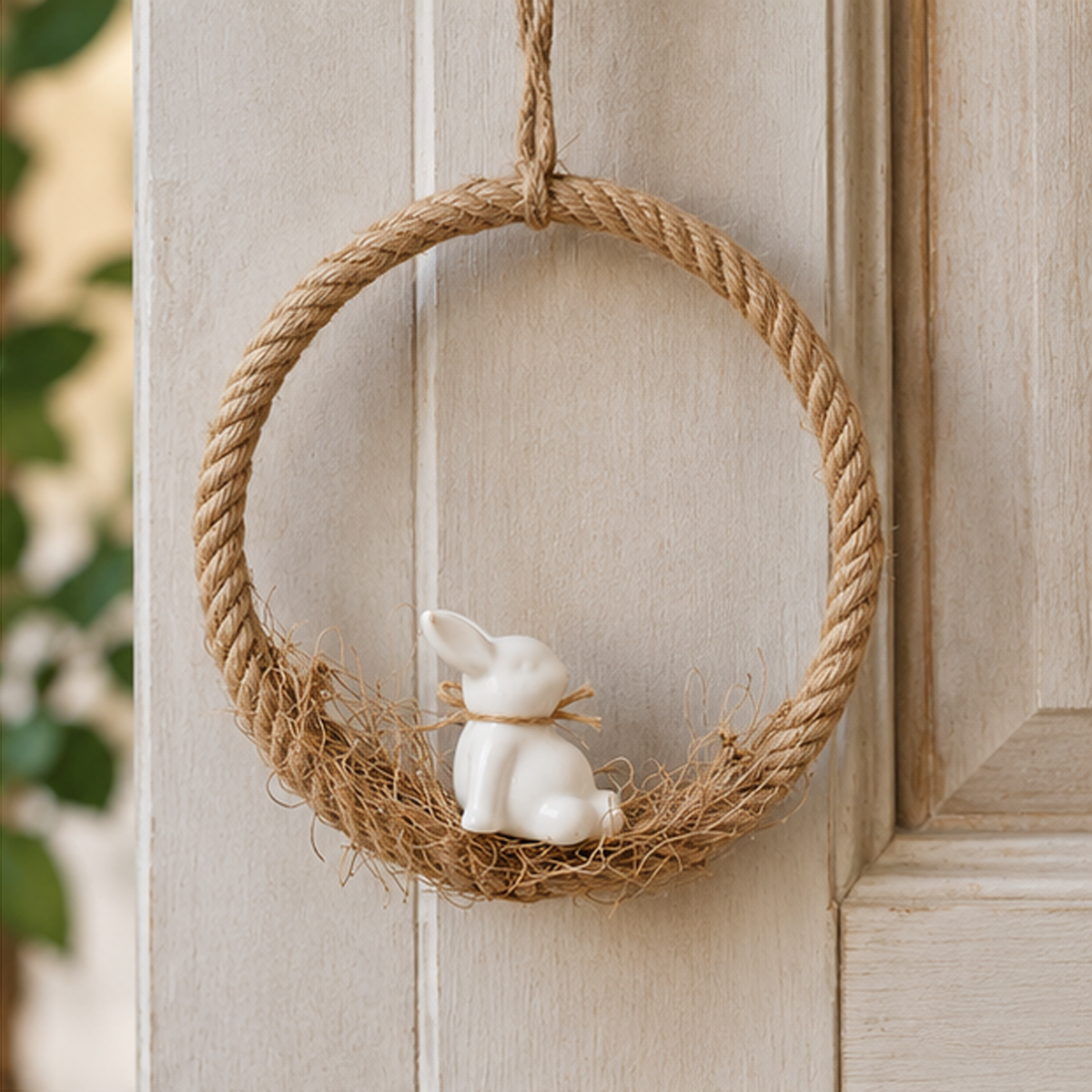 Decorazione Pasquale Sospesa con Coniglietto seduto in Ceramica Ø 21 cm