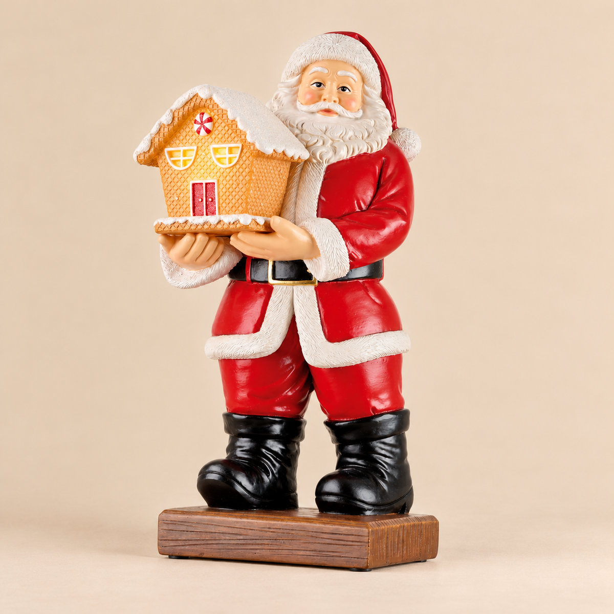 Babbo Natale con Casetta di Pan di Zenzero Illuminata in Resina – Collezione My Dear Santa 14x16x31 cm