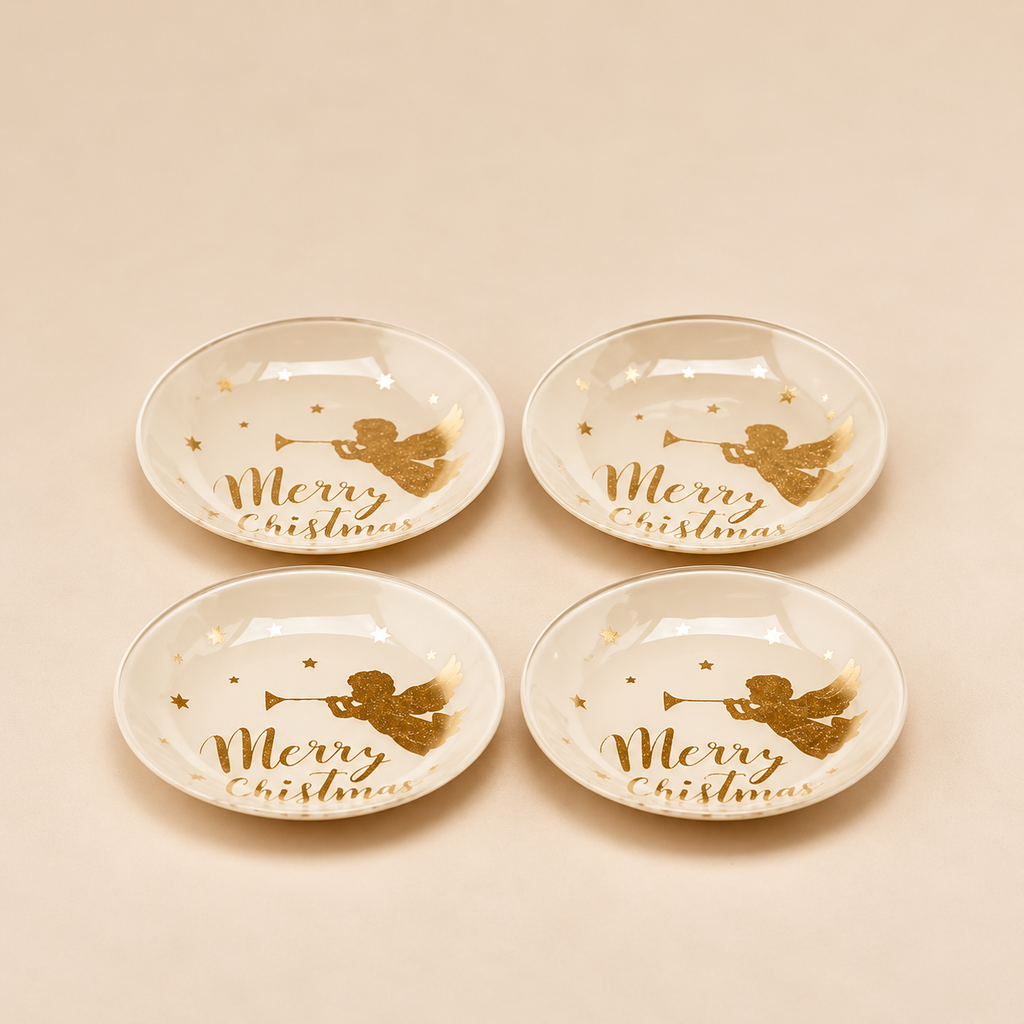 Set 4 Piattini Rotondi Portacandela Natalizi con Angelo Dorato e Scritta Merry Christmas – Ø 10 cm
