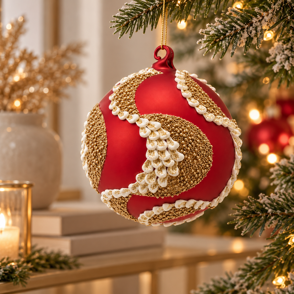 Sfera Natalizia EDG Rossa con Decorazioni Oro Glitter e Petali Bianchi in Rilievo Ø10 cm