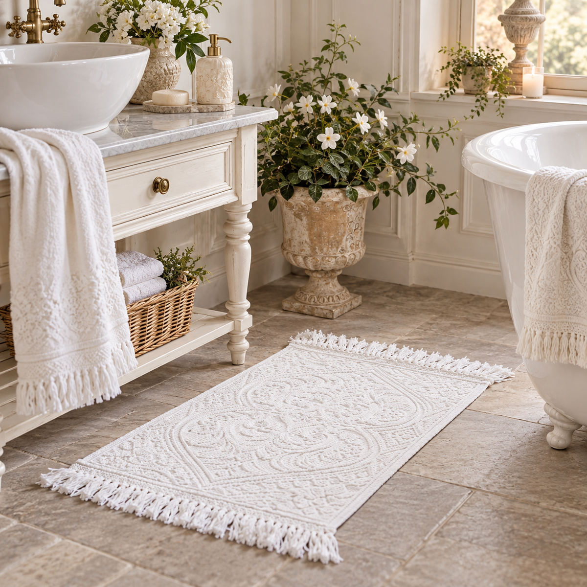 Tappeto Bagno Jacquard Bianco in Cotone con Motivi Ornamentali e Frange 50 x 80 cm – Blanc Mariclò Bagno in Villa
