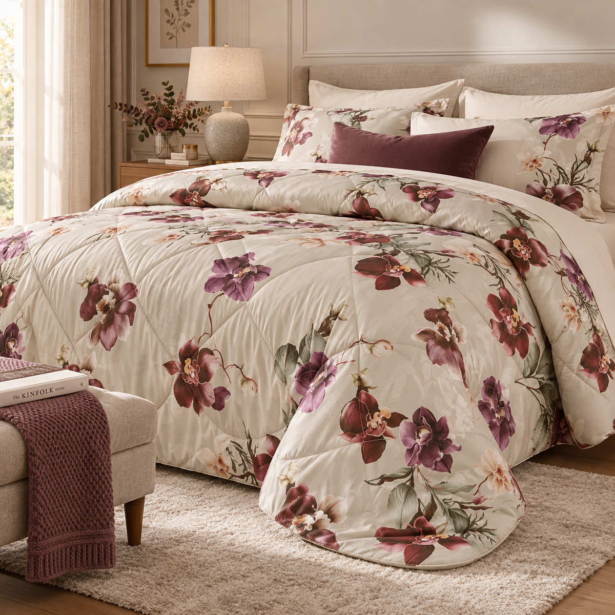 Trapunta Matrimoniale Invernale Jackie Bloom in Raso di Puro Cotone 300 T.C. con Fantasia Orchidee Bordeaux e Malva su Fondo Avorio 270 x 270 cm – Tessitura Randi