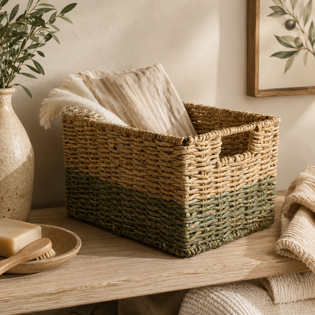 Cestino Intrecciato Bicolore con Manici – 18 x 28 x H 17 cm