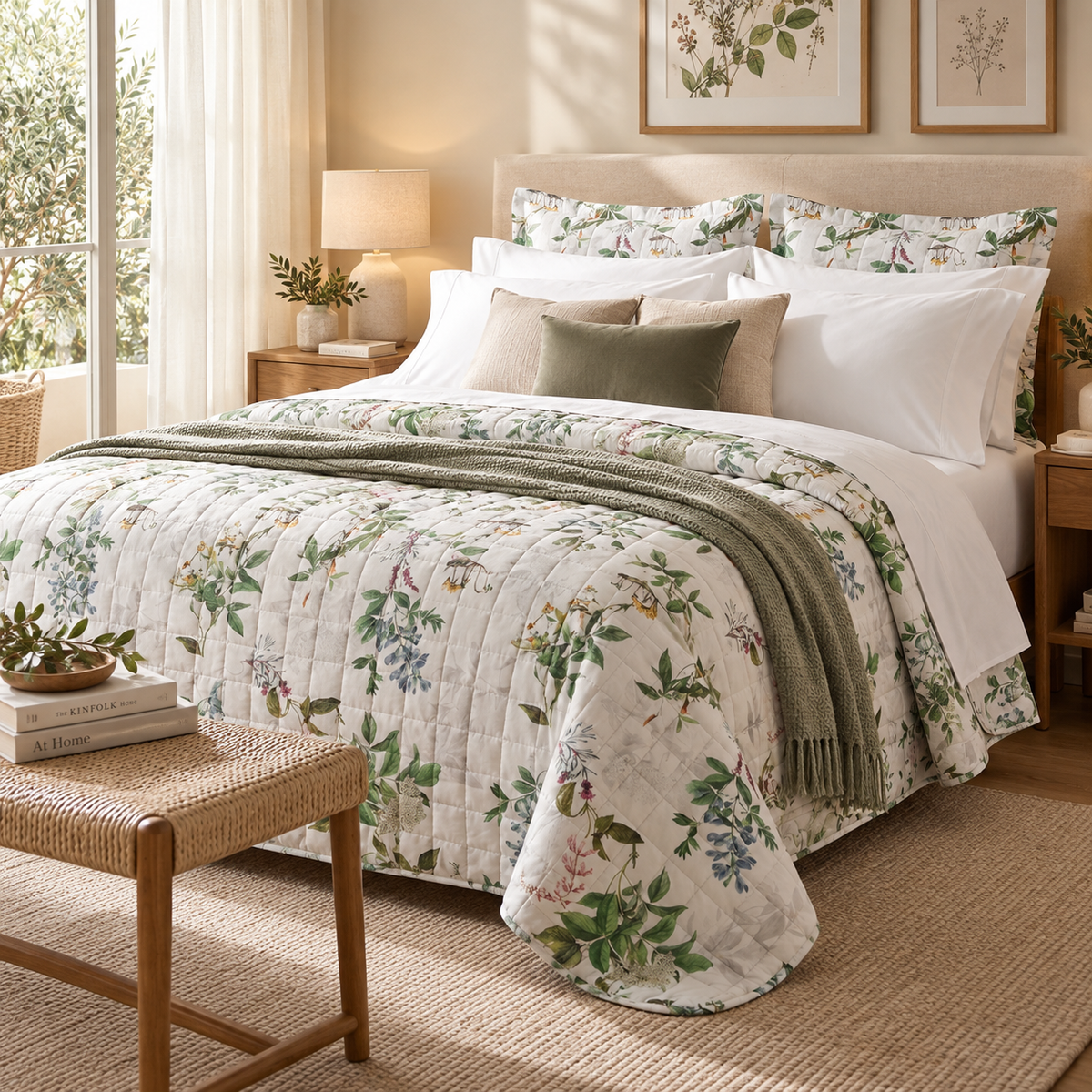 Trapunta Leggera Matrimoniale Double-Face Botanical in Percalle di Cotone 200 T.C. con Fantasia Botanica Verde su Fondo Bianco 260 x 260 cm – Tessitura Randi