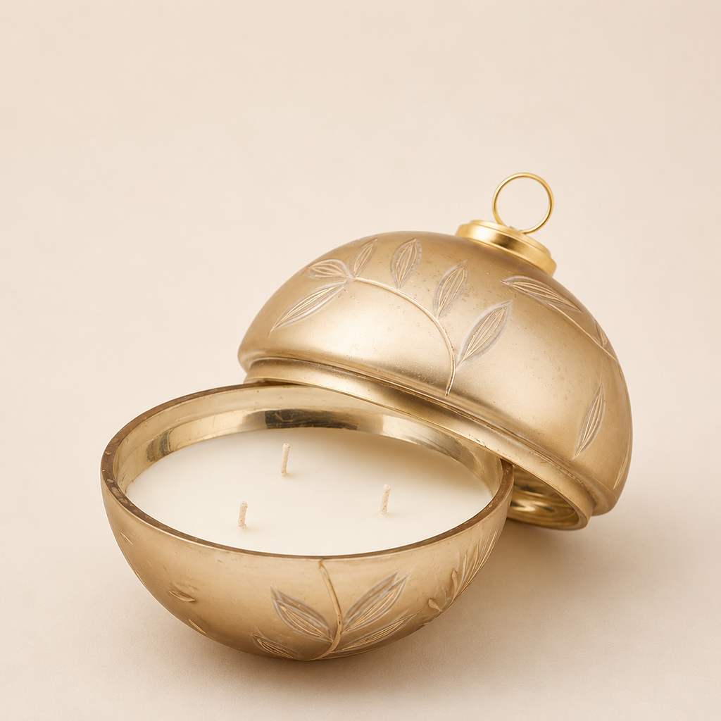 Candela Profumata Sfera di Natale "Foglie" oro 13cm