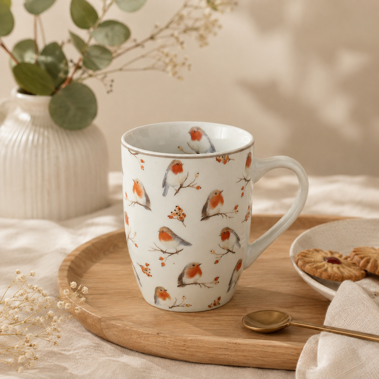Tazza in porcellana con decoro pettirossi