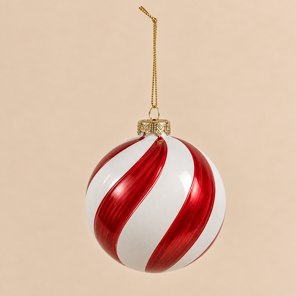 Sfera di Natale in Vetro Bianco e Rosso con Decorazione a Spirale Ø8 cm