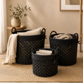 Cesto Rotondo Nero con Tessuto e Manici in Rattan – Disponibile in 3 Dimensioni
