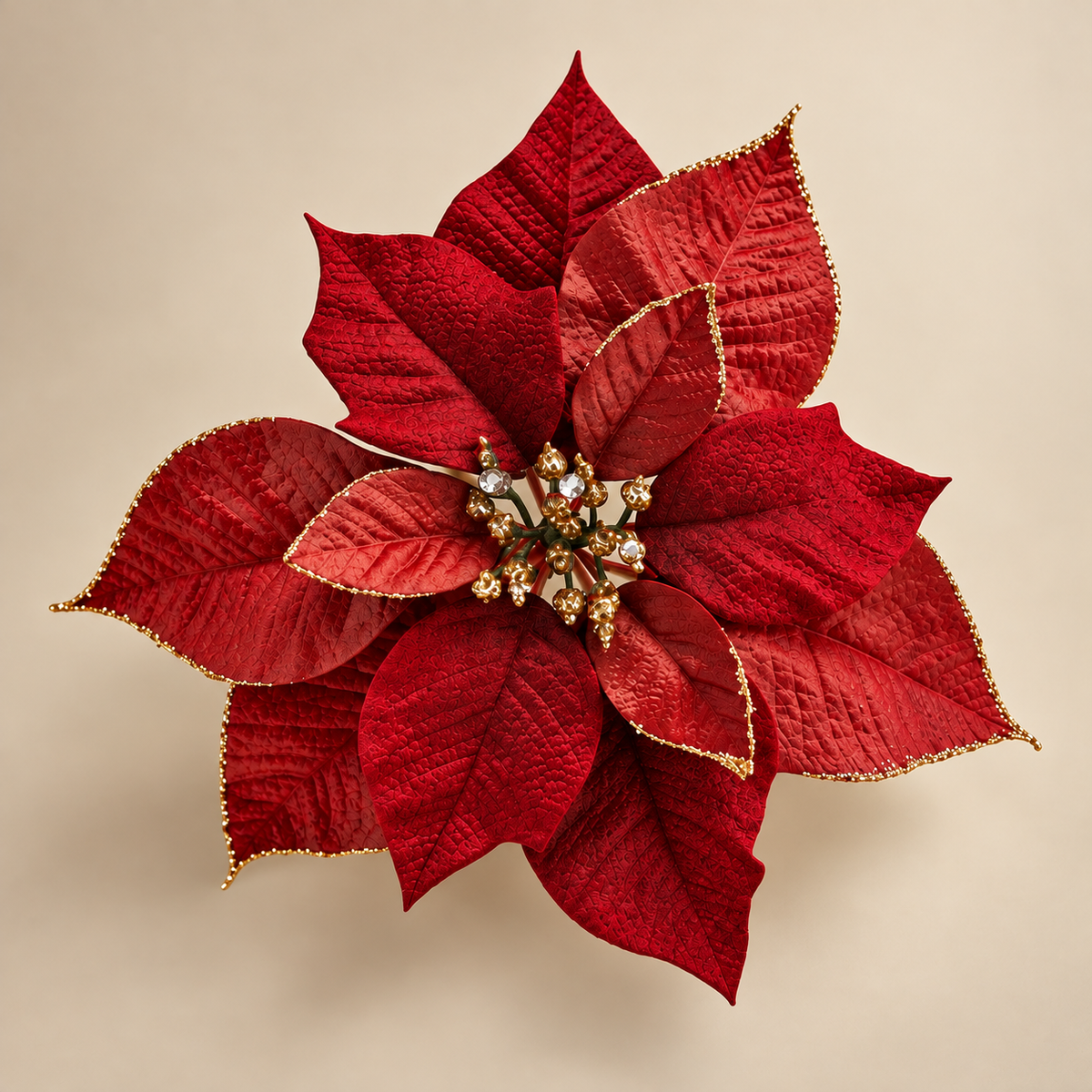 Stella di Natale Burgundy Bordeaux con Petali Effetto Velluto e Dettagli Dorati – Ø 25 cm