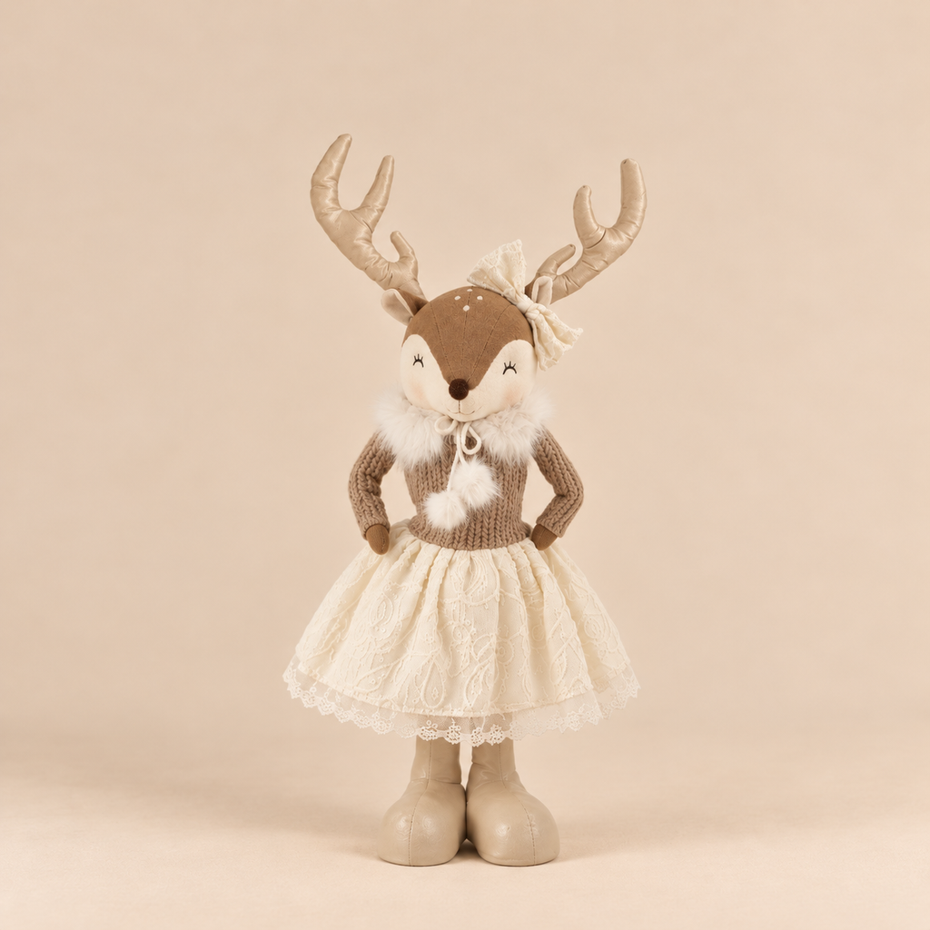 Renna Natalizia Decorativa in Tessuto Beige e Avorio con Gambe Allungabili – Altezza Massima 113 cm