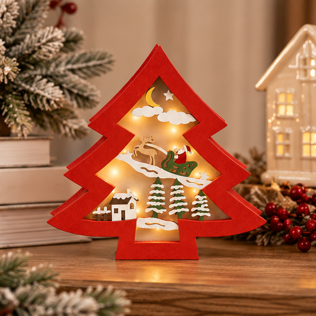 Albero di Natale Decorativo Luminoso in Legno Rosso 21 x 21 cm (Seconda Scelta)