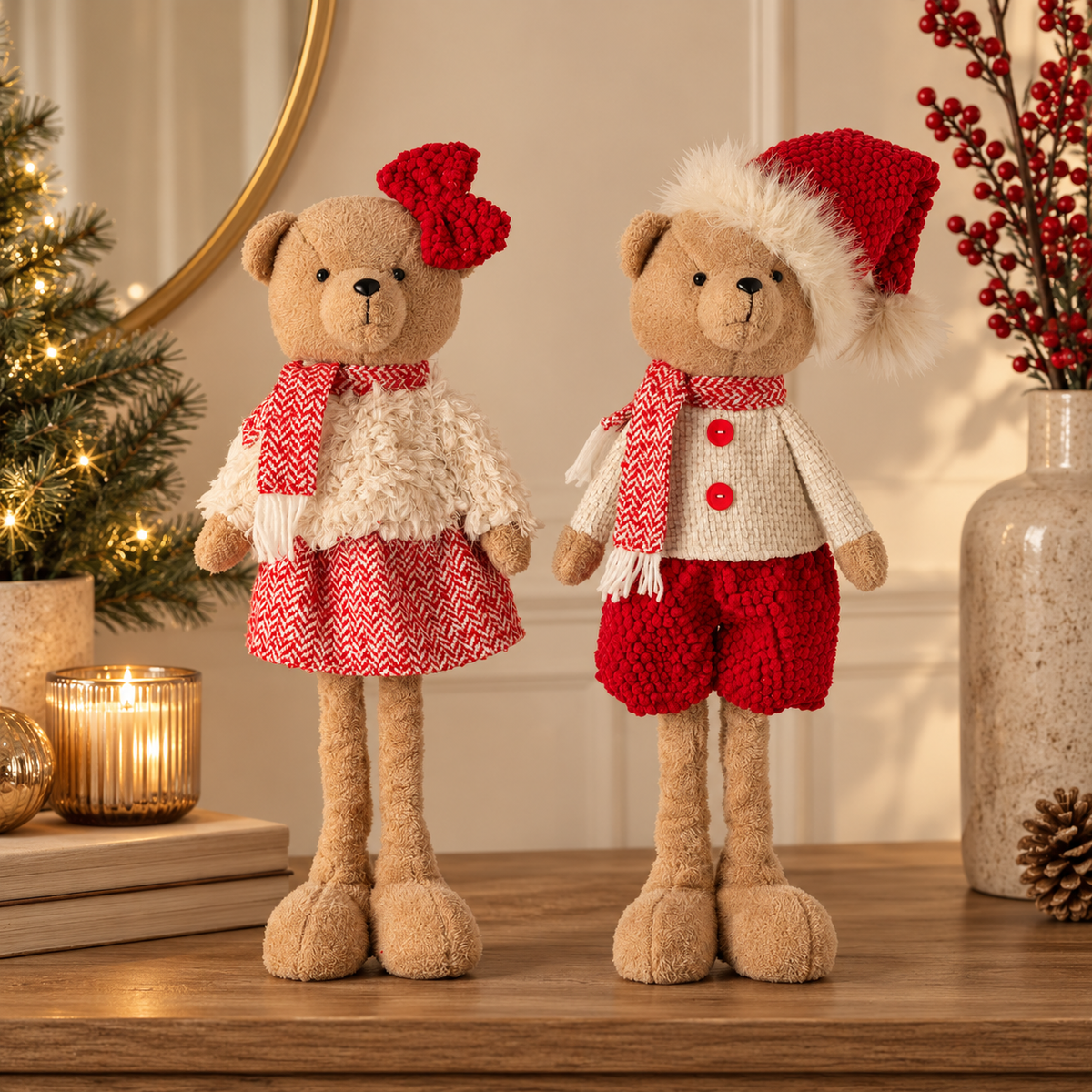 Orsetto Natalizio Decorativo con Gambe Allungabili in Tessuto Rosso e Beige