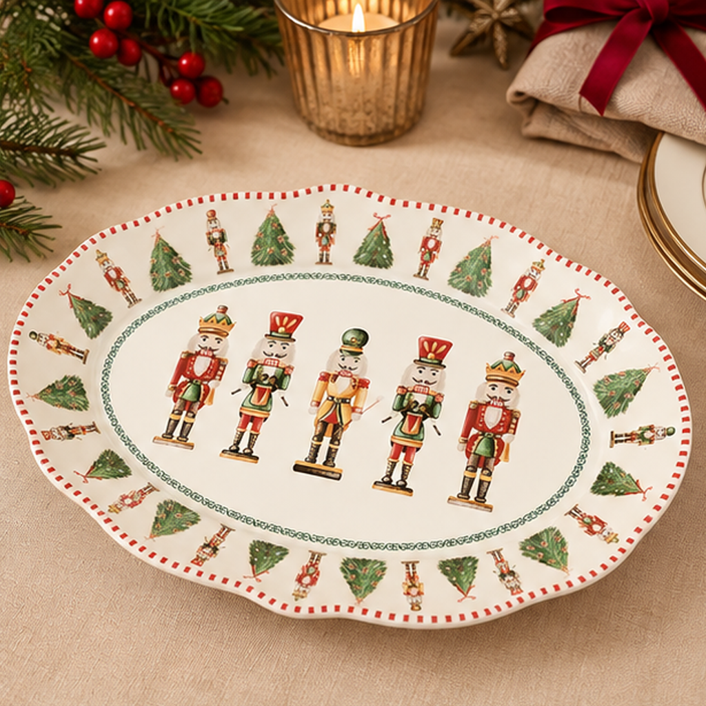 Piatto da Portata Natalizio Ovale Christmas Carol in Porcellana con Schiaccianoci e Alberi di Natale 29,5 cm
