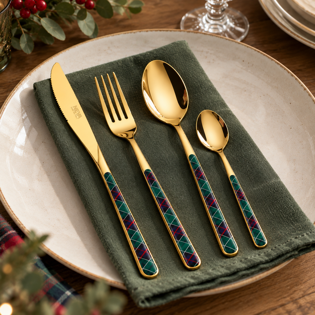Servizio Posate 24 Pezzi Asia Oro Tartan Verde Scozzese – Acciaio Inox Dorato