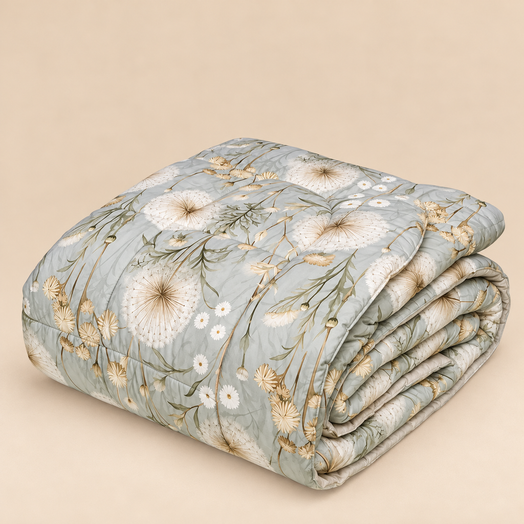Trapunta Matrimoniale Double-Face Brezza in Percalle di Cotone Riciclato con Fantasia Floreale Azzurro Polvere 260 x 270 cm – Tessitura Randi