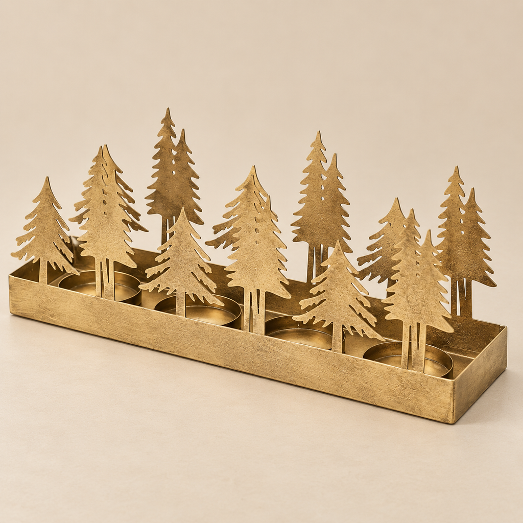Portacandele Natalizio con Abeti Oro 4 Candele 36 x 10 x H15 cm