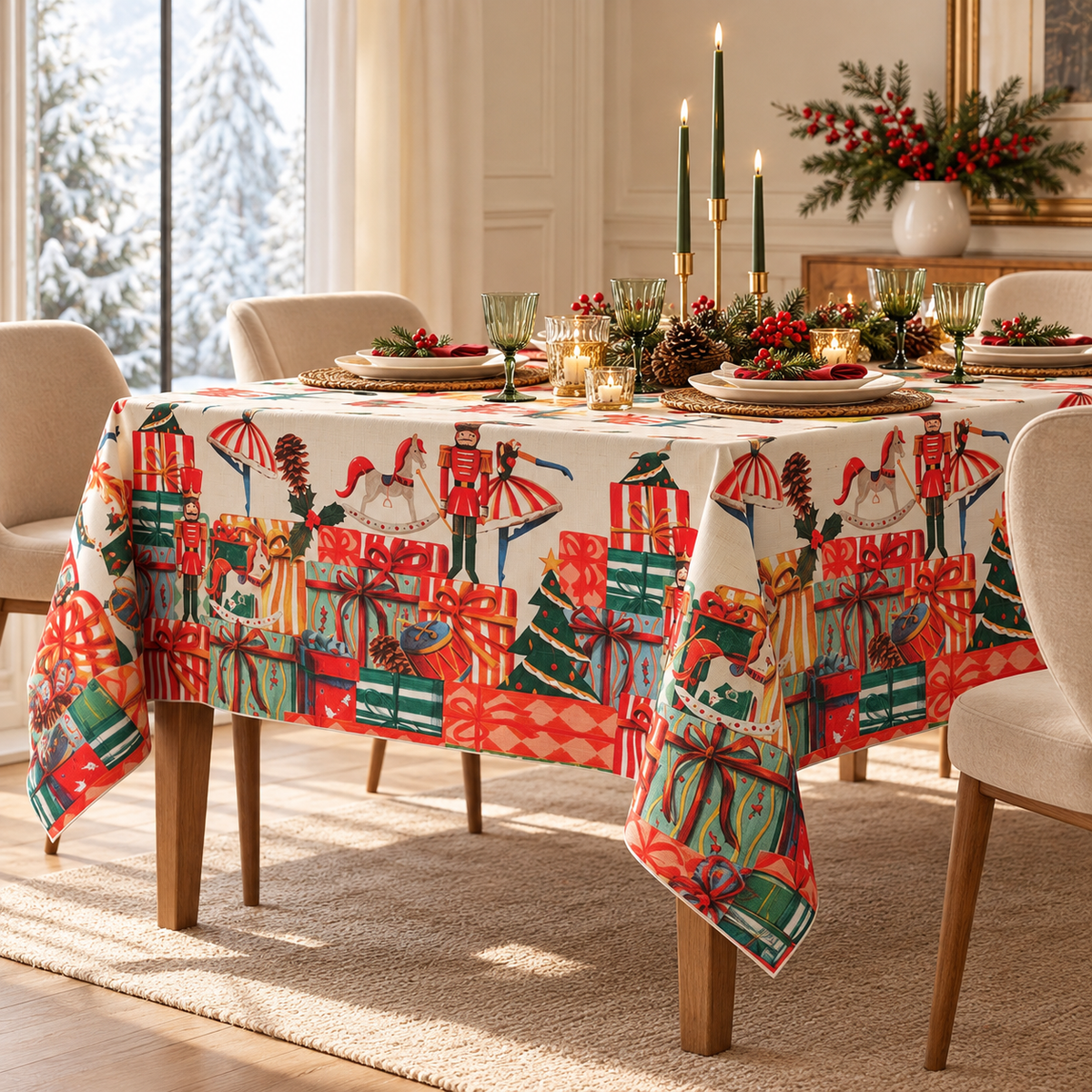 Tovaglia Natalizia Pacchi Regalo Idrorepellente Antimacchia in Poliestere con Orlo Cordino 155x230 cm – Collezione TAVOLA DELLE FESTE
