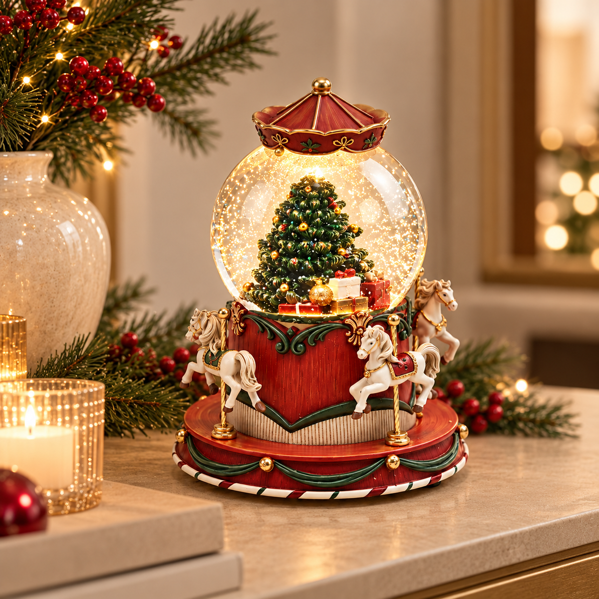 Carillon Natalizio EDG con Sfera di Vetro, Albero di Natale e Giostra Cavalli in Ceramica Ø10xH19 cm