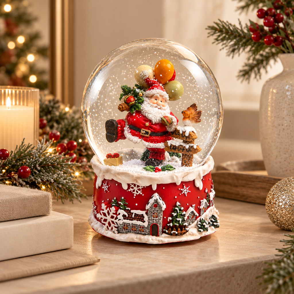 Sfera di Neve Natalizia EDG con Babbo Natale, Palloncini e Villaggio Innevato H20 cm