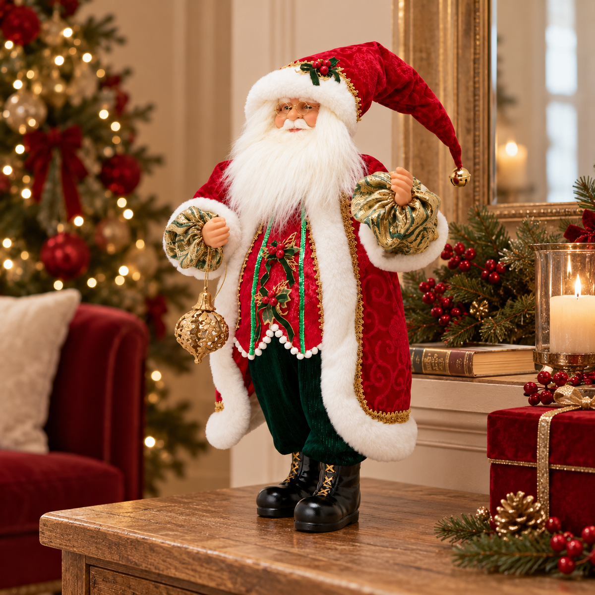 Babbo Natale Decorativo EDG Enzo De Gasperi in Velluto Rosso con Dettagli Verdi e Oro 61 cm