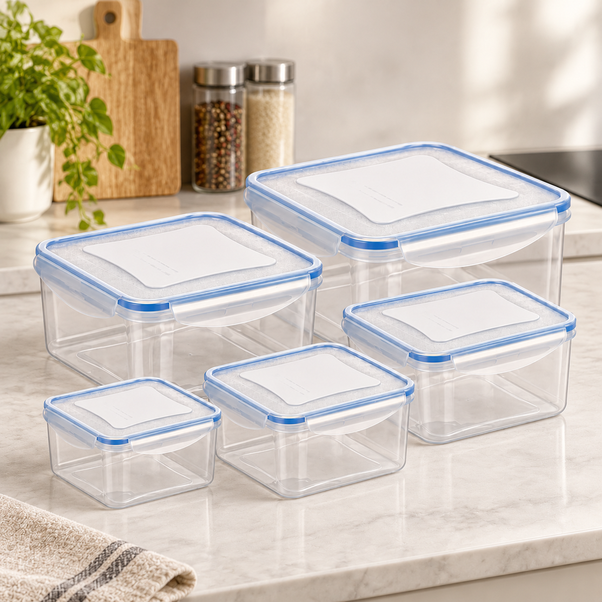 Set 5 Contenitori Ermetici Quadrati per Alimenti con Guarnizione in Silicone – Da 0,4 a 3 Litri – Adatti a Frigorifero, Freezer e Microonde