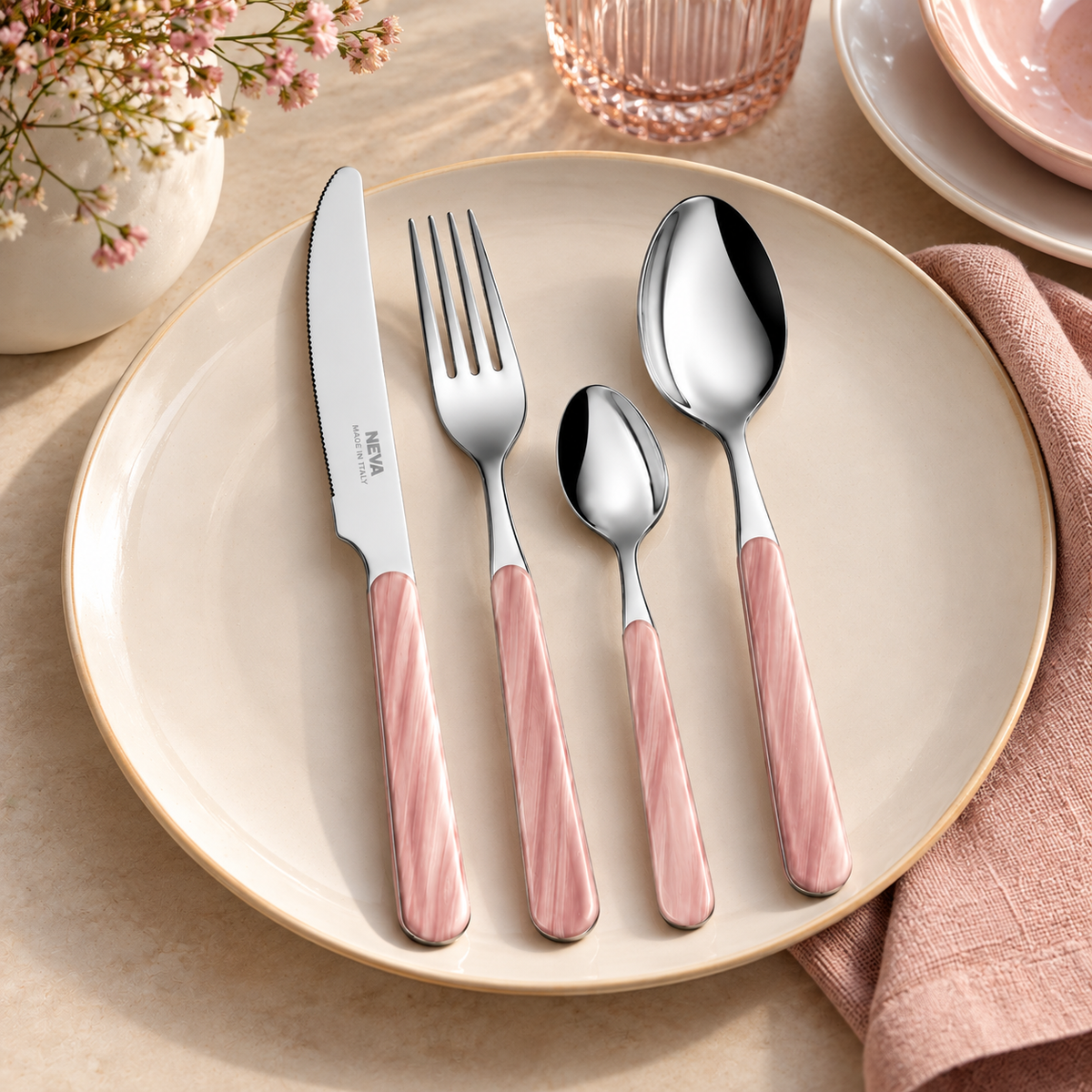 Servizio Posate 24 Pezzi Bistrot Natural Inspiration Effetto Legno Rosa – Acciaio Inox 18/10 – 6 Posti Tavola