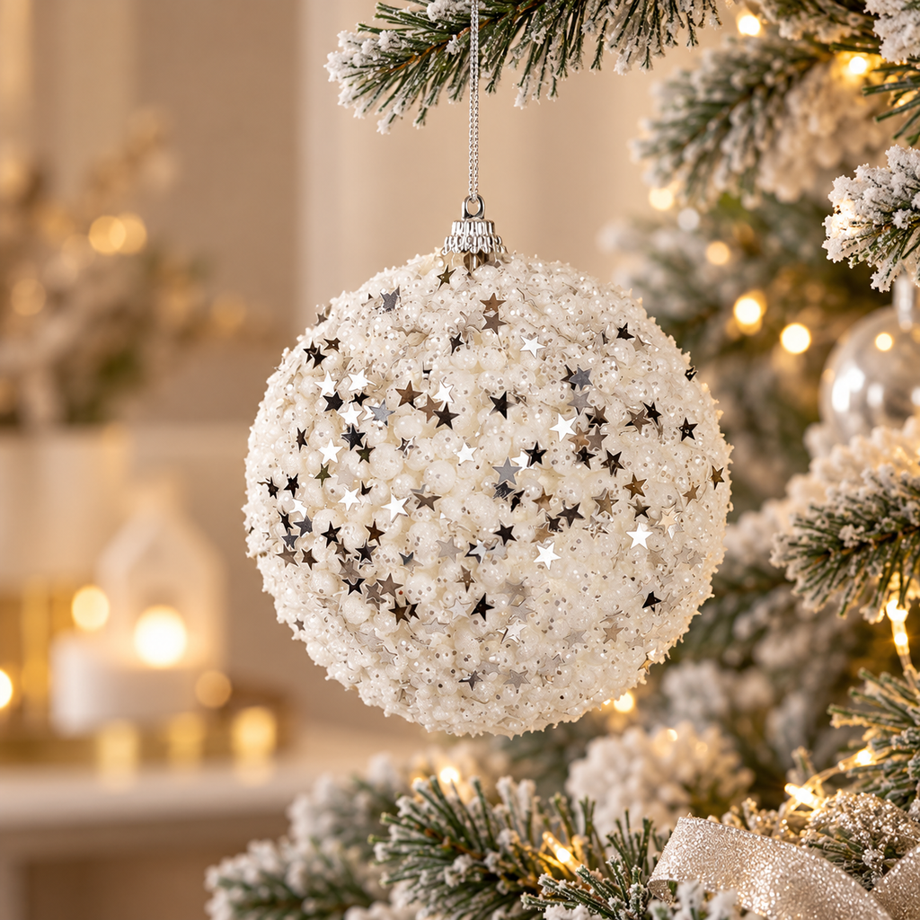 Sfera di Natale EDG in PVC Bianco con Stelle Argentate ed Effetto Neve – Ø 12 cm
